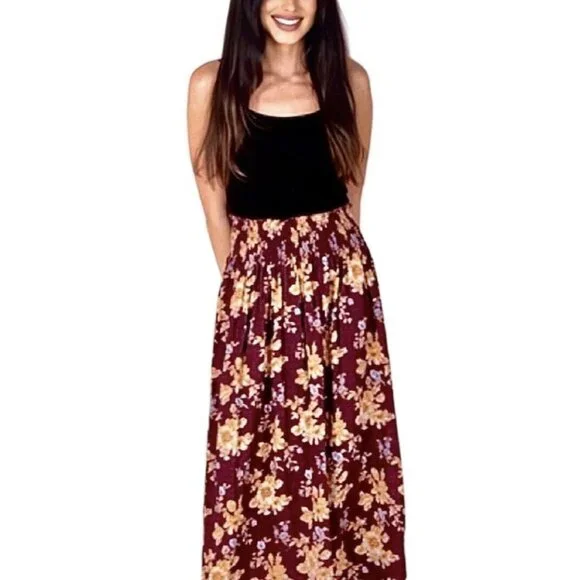 Natural Life Meadow Maroon Gold Tan Floral Smocked Waist Midi Skirt XS / S - Picture 1 of 13